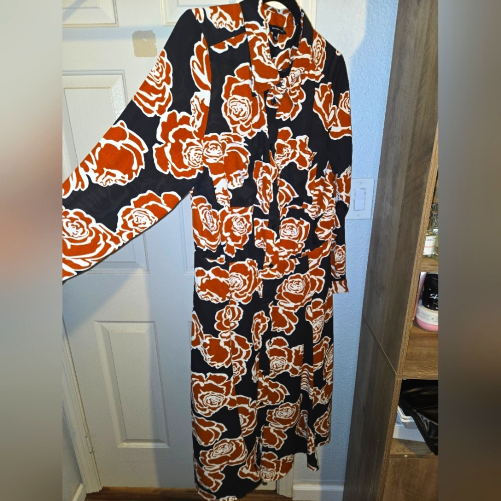 Floral Black and Orange Long Sleeve Dress XXL